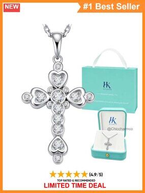 925 Sterling Silver Cross Necklace Reversible Moissanite Heart Pendant Necklace